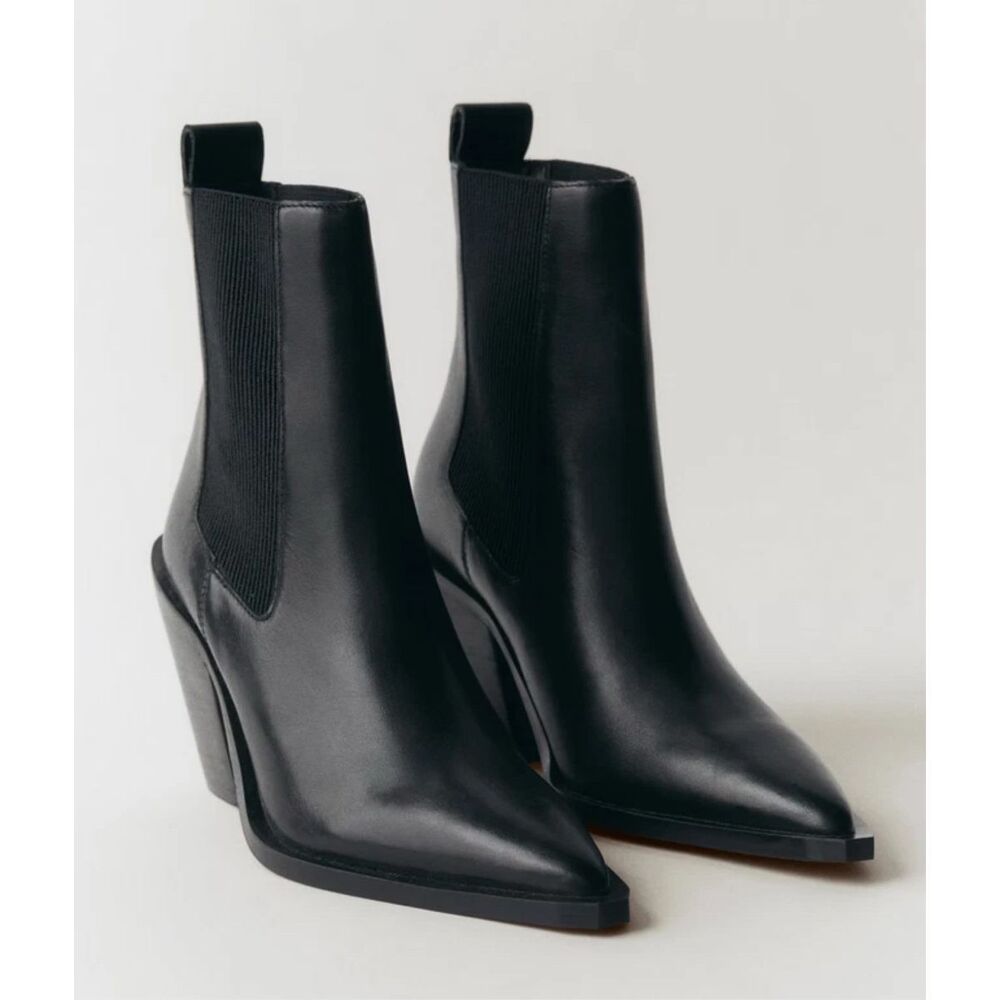 MANGO $150 MNG Leather Pointed Toe Ankle Boots black 38 US7.5-8 NEW